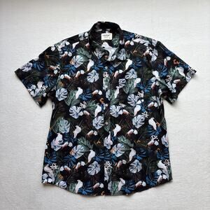 Tunevuse Men Medium Hawaiian Shirt Toucan Cockatoos Bird Floral‎ Black